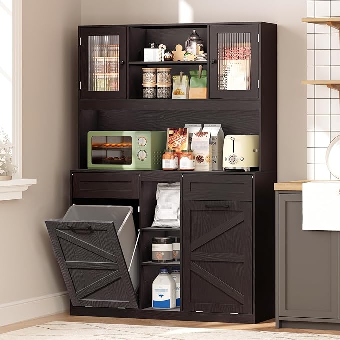 Tall Tilt-Out Double Laundry Hamper Cabinet with 2x11-Gallon Laundry Basket, Trash Bin Cabinet with Fluted Glass Doors, Farmhouse Wooden Bathroom Storage with Push Doors, Black and Walnut