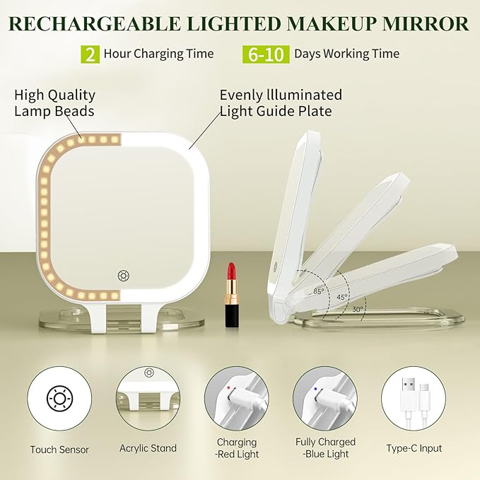 FUNTOUCH 7" Travel Makeup Mirror 30X Magnification,Rechargeable Double Sided Lighted Portable Vanity Mirror with Lights, 3 Color Lights & Adjustable Brightness, 300°Rotation, Gift for Women,White