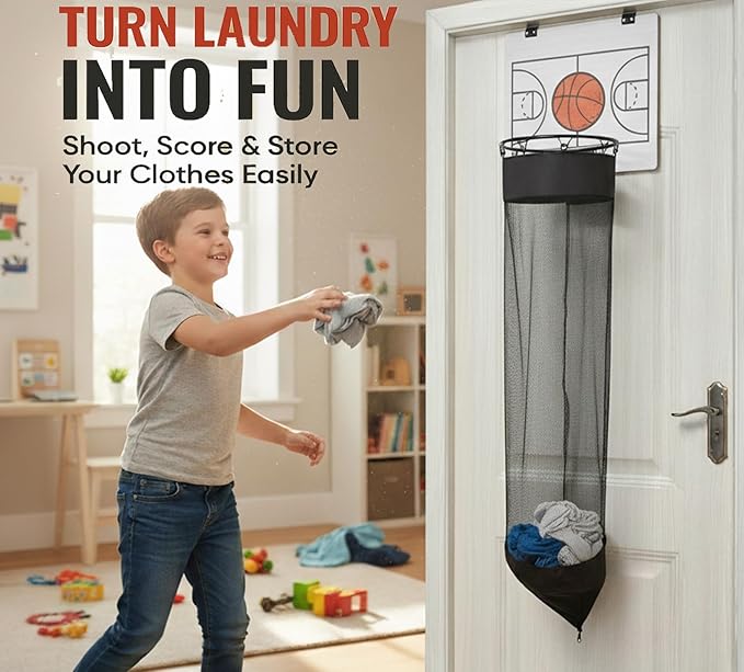 Oversized Basketball Laundry Hamper with Wooden Backboard – Over the Door Basketball Hoop Laundry Basket for Dirty Clothes, Boys Room Organizer & Fun Clothes Hamper (White)