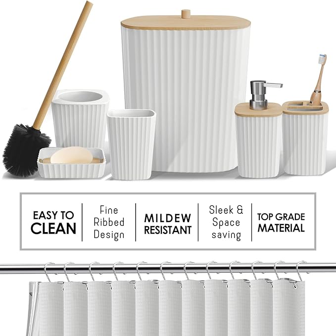 Clara Clark Bathroom Accessories Set - Bathroom Set with Adhesive Corner Shower Caddy Hanging, 25PC Bathroom Accessory Set, White Shower Curtain Set, Toilet Brush, Trash Can & Soap Dispenser