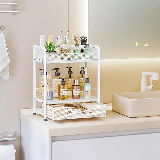 HapiRm Makeup Organizer Countertop with Drawer - Large Capacity Vanity Organizer with Dividers, Bathroom and Bedroom Desk Cosmetic Display Case for Storage Skincare, Makeup Brush, Dresser, Perfume