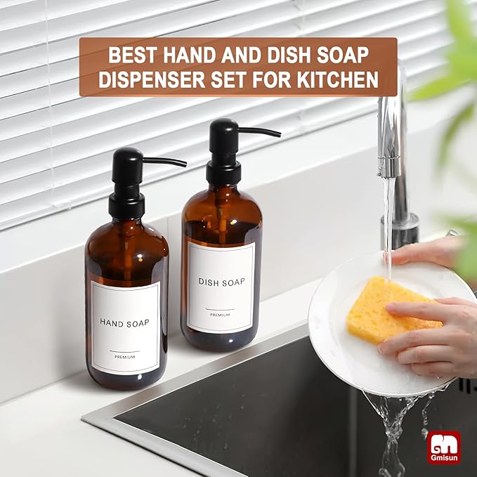 GMISUN Amber Glass Soap Dispenser, 6 Pack Bathroom Hand Soap Dispensers with Stainless Steel Pump, 17 Fl Oz Kitchen Hand and Dish Soap Dispenser Set, Modern Vintage Liquid Brown Soap Dispensers Bottle