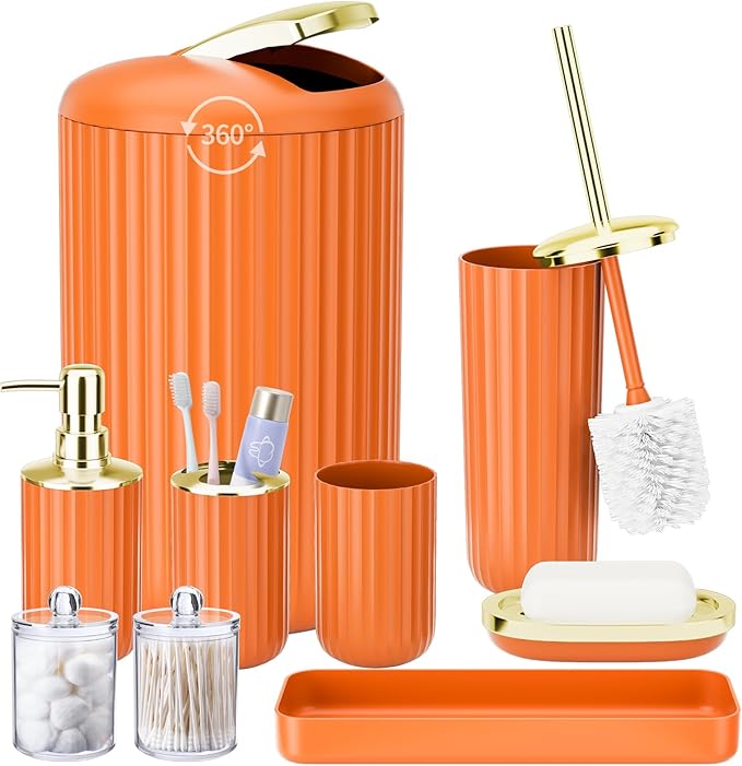 XLHOMO 9PCS Orange Bathroom Accessories Set Complete with Trash Can, Vanity Tray, Soap Dispenser, Soap Dish, Toothbrush Holder, Toothbrush Cup, Toilet Brush and Qtip Holders