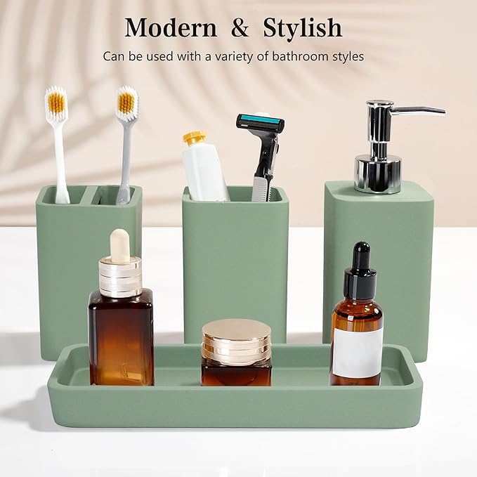 YMXYJM Bathroom Accessories Set, 4 Pcs Bathroom Accessory Set, Soap Dispenser, Toothbrush Holder, Qtip Holder Set, Bathroom Sets Complete, Bathroom Sink Set for Modern Home Decor,Green
