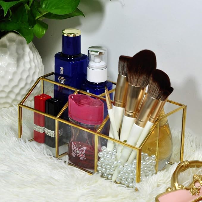 Yamfurvo Makeup Organizer Handmade Vintage Brass Frame Makeup Brush Holder Glass Makeup Brushes Storage Cosmetic Organizer Makeup Vanity Decoration Jewelry Box,(3+2) Segments