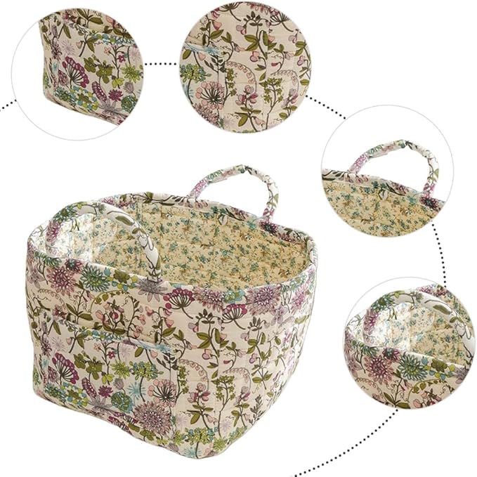 Quilted Fabric Storage Basket Boho Floral Laundry Hamper with Handle Foldable Floral Basket Organizer for Car Bedroom