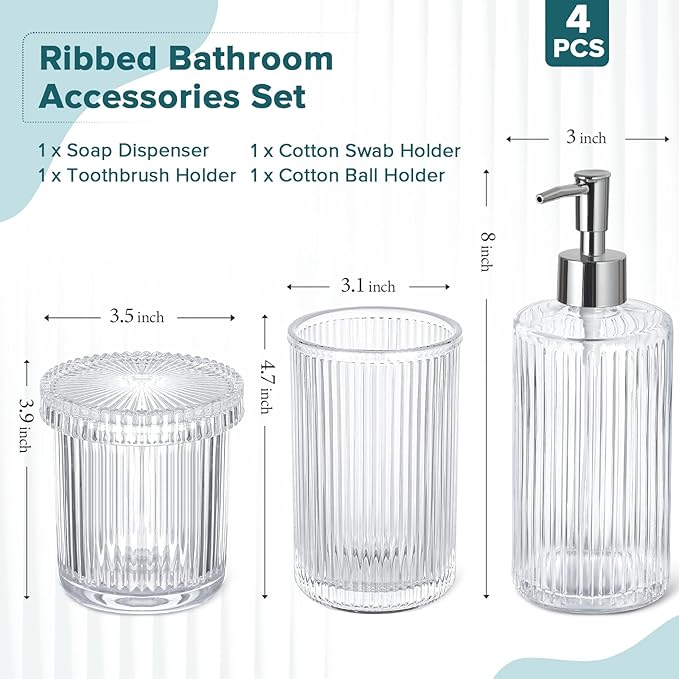 RYTOXILO Bathroom Accessories Set, 4 Pack Clear Glass Bath Accessory Sets Complete, Ribbed Soap Dispenser and Toothbrush Holder Set with 2 Qtip Holders, Modern Sliver Bathroom Counter Decor