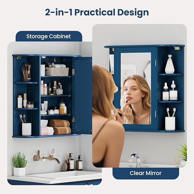 Giantex Bathroom Medicine Cabinet, Wall Mounted Bathroom Mirror Cabinet with Mirrored Door & 4 Interior Shelves, 6 Open Shelves, Mounting Hardware, Space-Saving Storage Cabinet, White