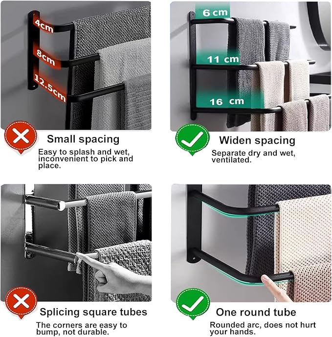 Stainless Steel Towel Stand Holder 3 Tier No Drilling Towel Hangar for Bathroom Kitchen Toilet Black