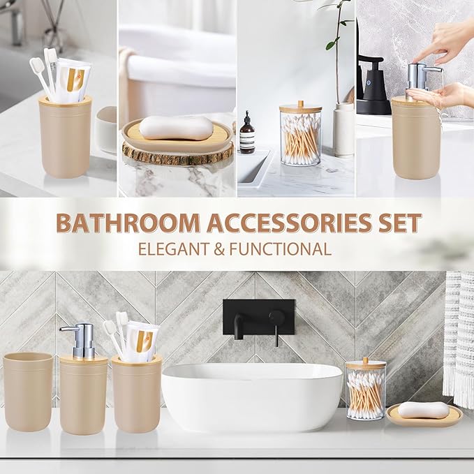 iMucci Bathroom Accessories Set 5Piece Beige Bathroom Sets, Toothbrush Holder, Toothbrush Cup, Lotion Soap Dispenser, Soap Dish and Qtip Holder Bathroom Decor