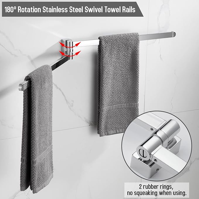 BGL Swivel Towel Bar Chrome,Two Arms Wall Mount Towel Hanger Holder for Bathroom Organizer