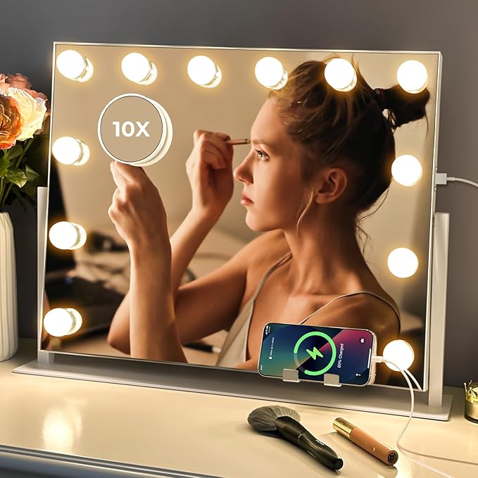 Vanity Mirror with Lights, Hollywood Lighted Makeup Mirror with 12 Dimmable LED Bulbs for Dressing Room & Bedroom, 3 Light Modes，Slim Metal Frame Design, AC-Powered, White