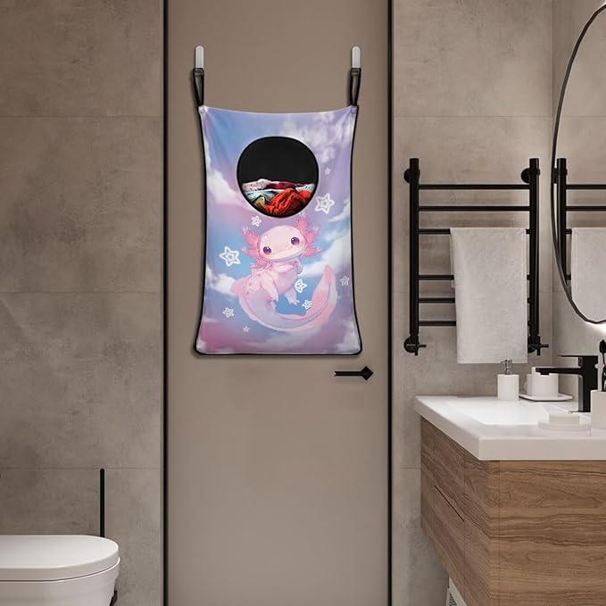 ZOUTAIRONG Cute Pink Axolotl Print Laundry Hamper Hanging Laundry Bag for Bathroom, Zipper Toys Storage Space Saving Organizer