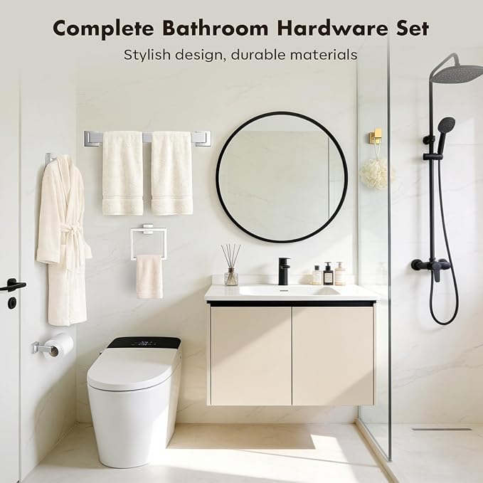 Bathroom Accessory Towel Bar Set: 5 Pieces Brushed Nickel Square Bathroom Hardware SUS304 Stainless Steel - 24 Inch Wall Mounted Towel Rack&Toilet Paper Holder&Towel Ring and Towel Hook