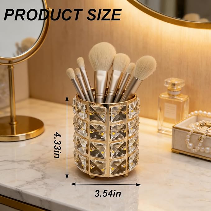Makeup Brush Holder Organizer Crystal Bling Cosmetic Storage Box for Brushes, Combs & Pens, Candle Holder Container???Gold???