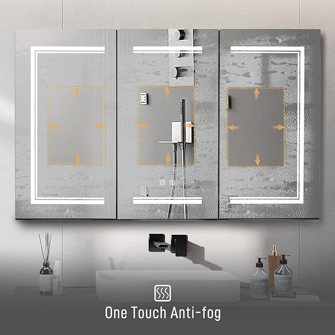 Karl home Black 3-Doors 48"x28" LED Medicine Cabinet for Bathroom, 3-Color Wall Mounted Dimmable Bathroom Cabinet with 3-Tiers Storage Shelves, Anti-Fog, USB Charge