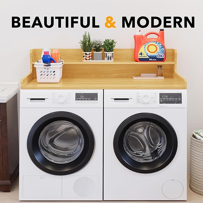 SpaceAid Washer Dryer Countertop with 2-Tier Shelf, Wood Topper with Edge, 54" Width x 27.5" Depth Cover Organizer Guard for Washer and Dryer Counter Laundry Hamper Storage (Maple Wood)