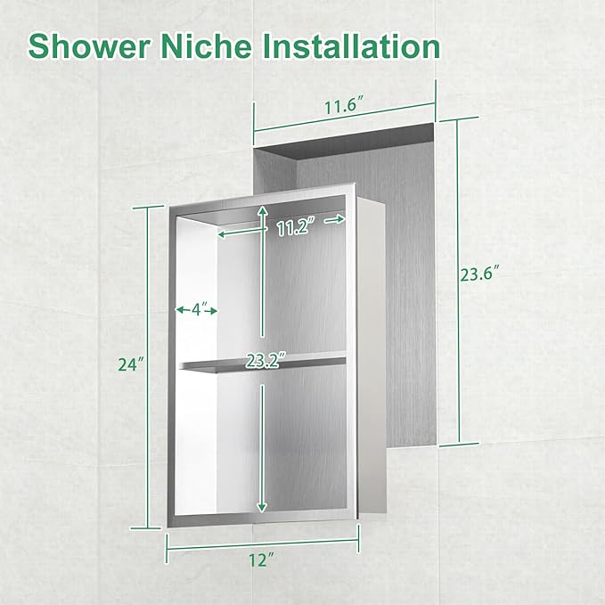 SaniteModar Shower Niche, Stainless Steel Shower Niche No Tile Needed, Recessed for Bathroom Storage (Brushed Silver, 12x24,Double)