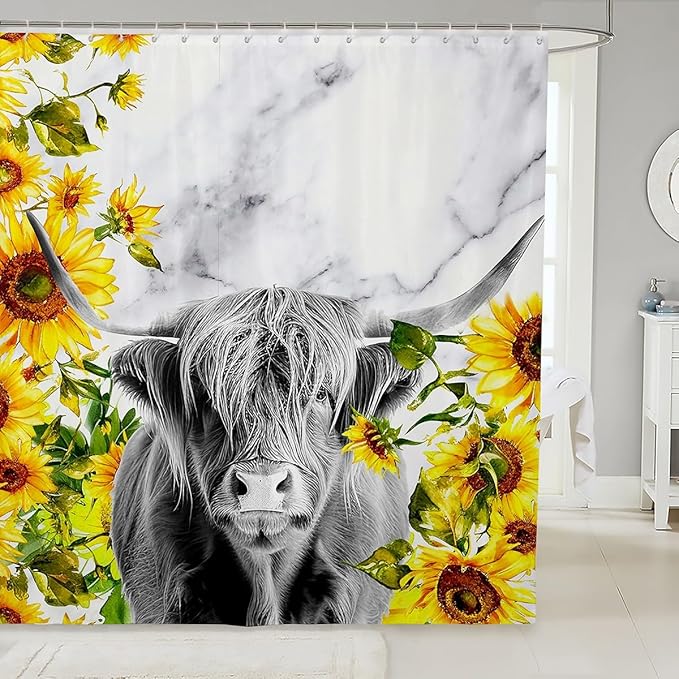 Highland Cattle Shower Curtain Girls Sunflower Highland Cow Marble Print Bathroom Shower Curtain Set Farm Animal Bath Curtain for Bathroom Sunflower Floral Bathroom Accessories Decorative 72"x78"