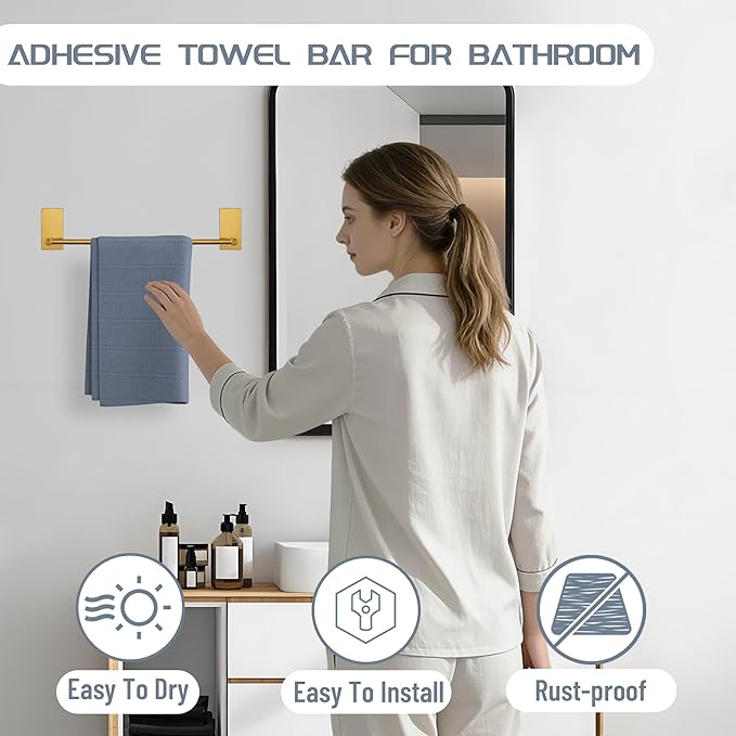 Alise Adhesive Towel Bar, 16 Inch Towel Racks for Bathroom SUS 304 Stainless Steel,Bathroom Towel Holder No Drill, Strong Self Adhesive Towel Bar, Gold
