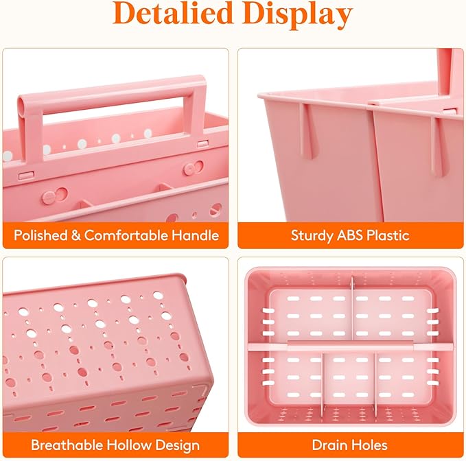 Lifewit Shower Caddy Portable, Plastic Bathroom Organizer with Handle and Holes, Hard Cleaning Basket for Toiletry Storage, College Dorm Essentials, Pink, 1 Pack