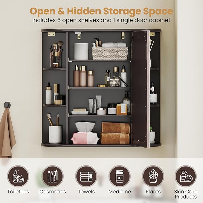 COSTWAY Medicine Cabinet with Mirror, Wall Mounted Bathroom Storage Cabinet with Mirror Door and Adjustable Shelves, Space-Saving Storage Organizer for Living Room Kitchen Entryway (Brown)