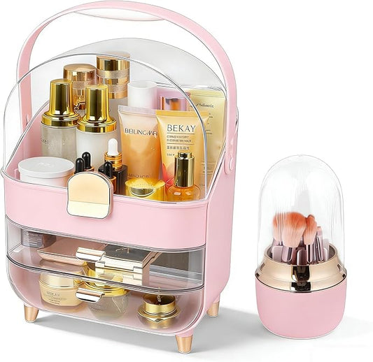 Makeup Organizer with Drawers,Cosmetic Display Case for Vanity,Skincare Organizer with 360 Rotating Brush Holder,Large Storage Box Dresser for Women Gifts, Bathroom Countertop,pink