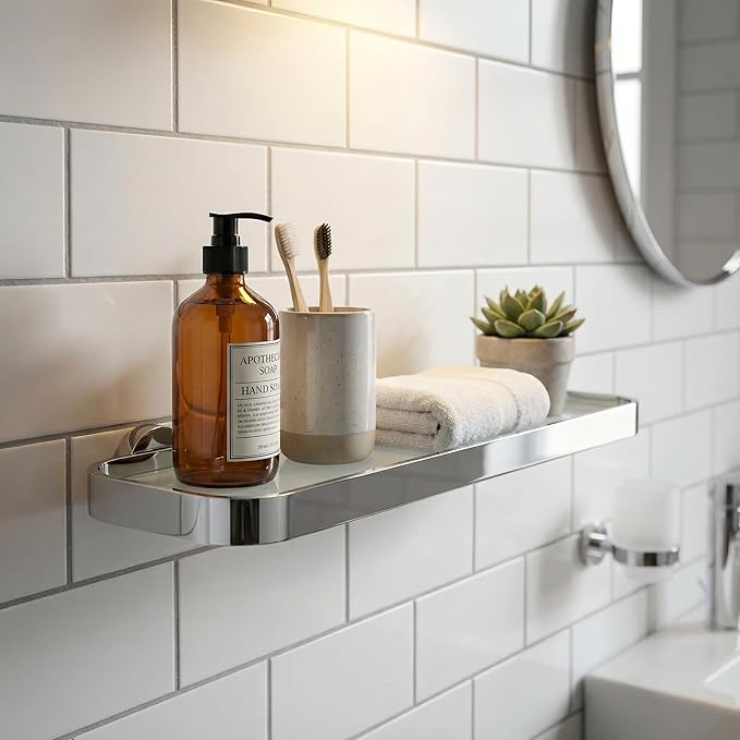 Cortesi Home Milo Contemporary Stainless Steel Glass Vanity Shelf, Chrome, 16"