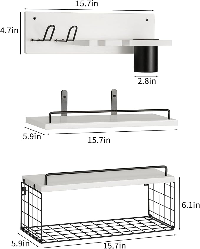Wall Mounted Bathroom Organizer Shelves Over Toilet, 3-Tier Rustic Wooden Floating Shelf with Metal Basket and Hair Care Styling Tool Holder for Toilet Paper, Towels & Toiletries, Bathroom Decor