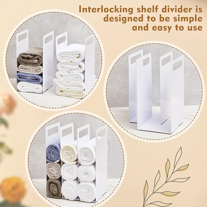 LEIFIDE Set of 4 Interlocking Towel Organizer Metal Bathroom Towel Storage Rack Shelf Dividers Organizers for Closet Home Space Saving (White)