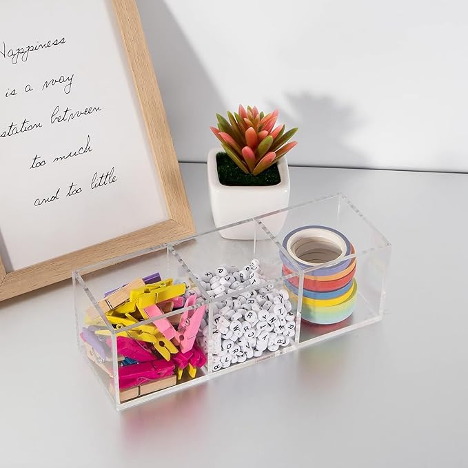 Acrylic Makeup Organizer 3 Section Clear 7.1x2.36x2.36 Inches Pen Holder 3 Compartments Pencil Organizer Cup Plastic Storage Organizer Plastic Square Cube for Makeup Jewelry Accessories