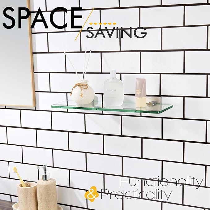KOKOSIRI Glass Shelf for Bathrooms Floating Shelves Wall Mount 16-Inch for Shower Storage Kitchen Rack, 2 Pack Brushed Stainless Steel B1107BR-L16-P2