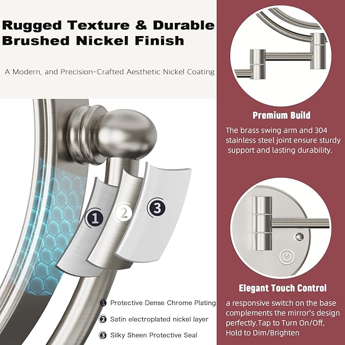 Hardwired Wall Mount Magnifying Mirror with Light, 1X/5X Double Sided 3-Colors LED Lighting Touch Dimming Extended Arm 360 Rotation Ergonomically Makeup Mirror for Bathroom, Brushed Nickel