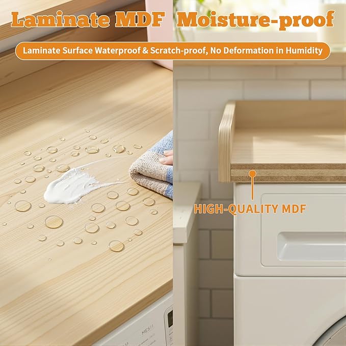 Laundry Washer Dryer Countertop: 54" x 27.5" Wood Washer Dryer Topper with 180lbs Capacity, Waterproof MDF for LG Samsung Front Load Washer and Dryer, Non-Slip Laundry Room Organization Table