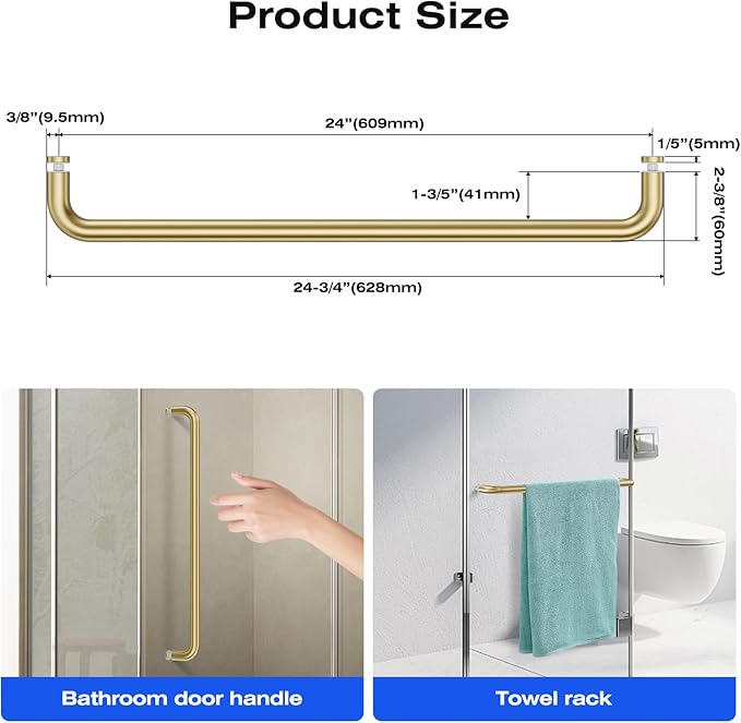 Ranbo Glass Shower Door Towel Bar 24 Inch Stainless Steel Sliding Shower Door Handle Replacement with Brass Gold Finish for Commercial and Residential Glass Doors