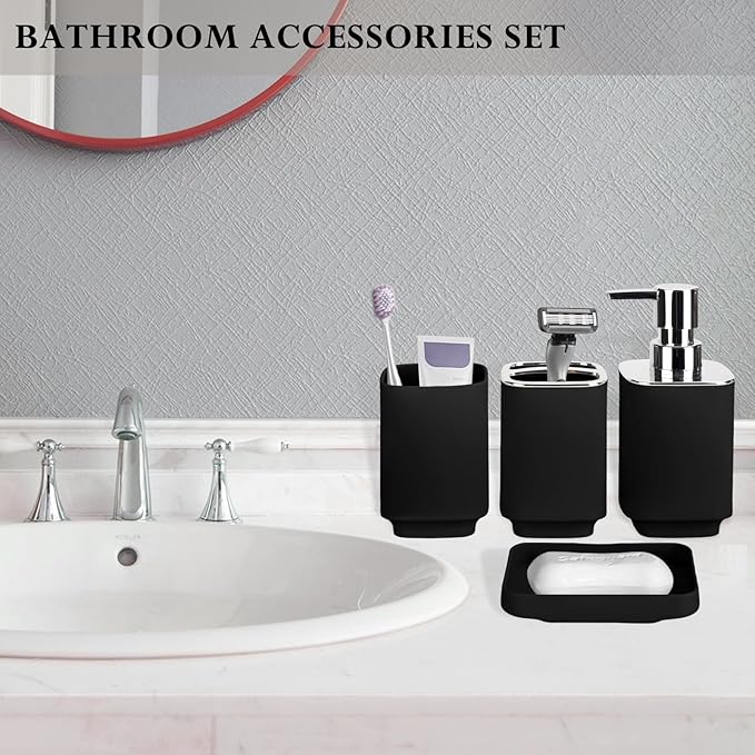 4 Piece Bathroom Accessories Set, Black Boho Bathroom Decor, Bathroom Sets Complete, Soap Dispenser, Toothbrush Holder, Mousewash Cup and Soap Dish, Bathroom Sink Set for Modern Home Decor