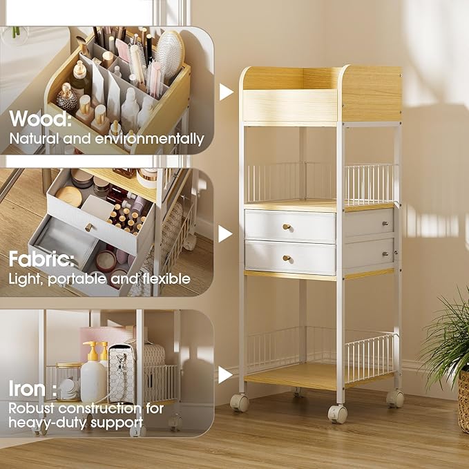 Makeup Organizer Storage Rolling Cart, Floor Bathroom Organizers with Drawers Wheels, Versatile Skincare Perfume Hair Nail Accessories Vanity Craft Organizer, for Dorm Kitchen Home White Metal Wood