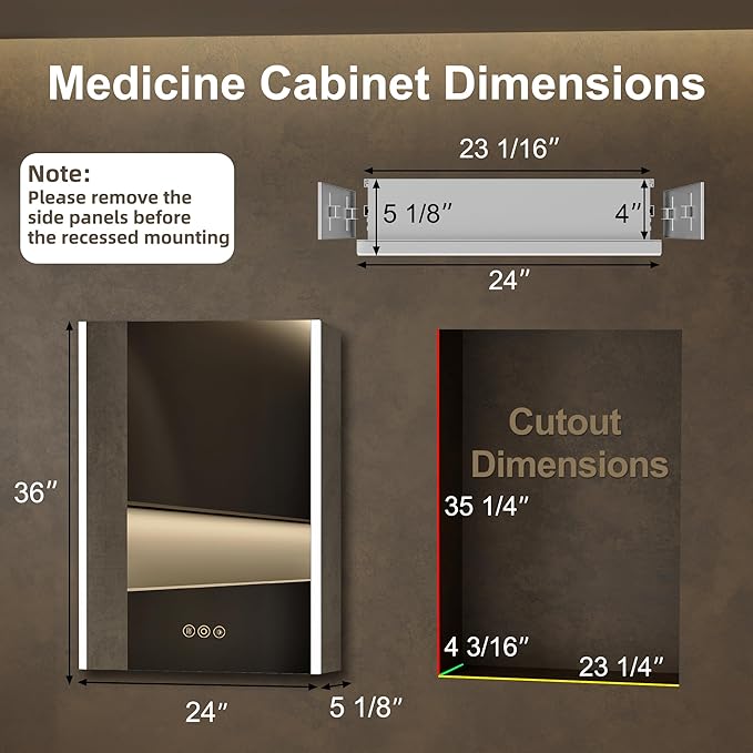 Medicine Cabinet with LED Lights and Mirror, 24 x 36 Inch Surface or Recessed Mounted Bathroom Cabinets with Door, Defogger, Memory Function, 3-Color Mode, Outlet&USB, Dimmer, Storage Shelf