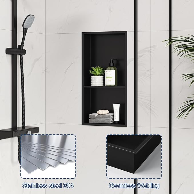 Neodrain Shower Niche Insert Tile-Ready Recessed Wall Niche for Shower Organizer - Stainless Steel No Tile Needed Built-in Bathroom Shelf, 2-Tier12x24 Inch Easy Install, Matte Black