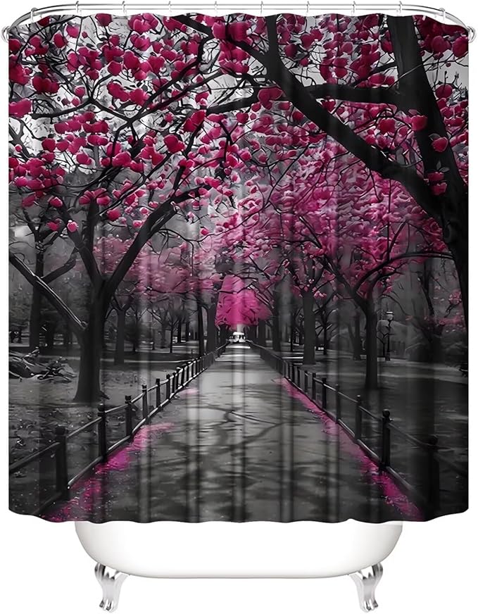 AZHM 4pcs Cherry Blossom Boulevard Shower Curtain Set Pink Flower Floral Bathroom Decor Accessories Set with Rugs and 12 Hooks