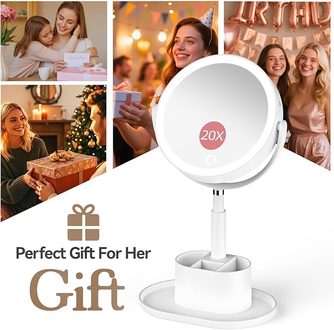 Shinowa Makeup Mirror with Lights, 1X/20X Lighted Magnifying Mirror with Storage for Makeup & Jewelry, 2-Sided Height Adjustable Vanity Mirror with 3 Color Lights, 360° Rotation & Rechargeable, White