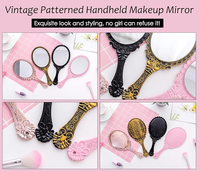 AKOAK Vintage Handheld Makeup Mirror, Exquisite Embossed Decorative Handle Makeup Mirror Portable Travel Mirror for Girls and Ladies (Oval, Black)