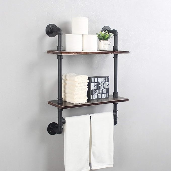Industrial Pipe Shelf Bathroom Shelves Wall Mounted,19.6in Rustic Wood Shelf with Towel Bar,2 Tier Farmhouse Towel Rack Over Toilet,Pipe Shelving Floating Shelves Towel Holder,Retro Black