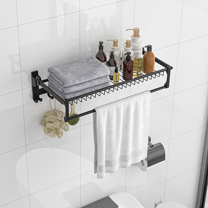 Tangkula Foldable Bathroom Shelf, Wall Mounted Bathroom Shelf Rack w/Adjustable Bar & Movable Hooks, Rustproof & Waterproof Space-Aluminum Holder Organizer, No Assembly Required (Black)