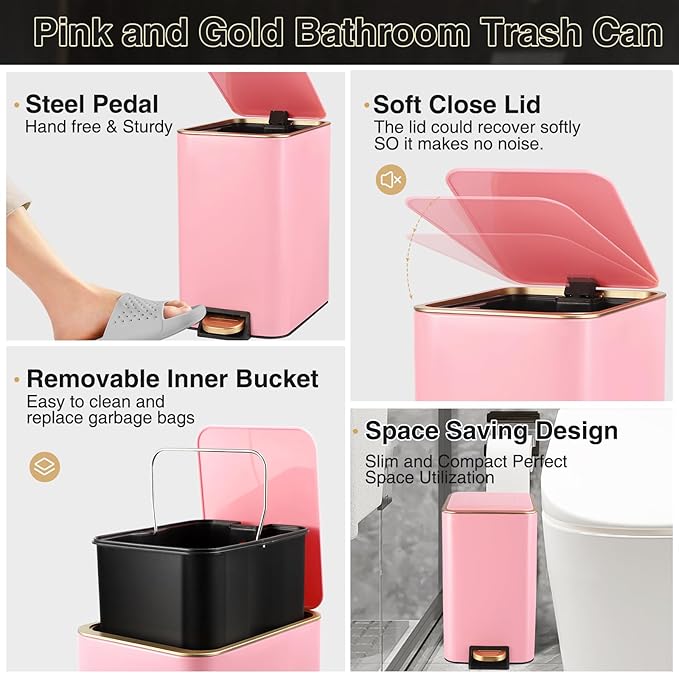 XLHOMO Pink Bathroom Accessories Set 8 Piece Pink and Gold Bathroom Set, Bathroom Sets with Stainless Steel Trash Can,Toilet Brush,Toothbrush Set,Soap Dispenser