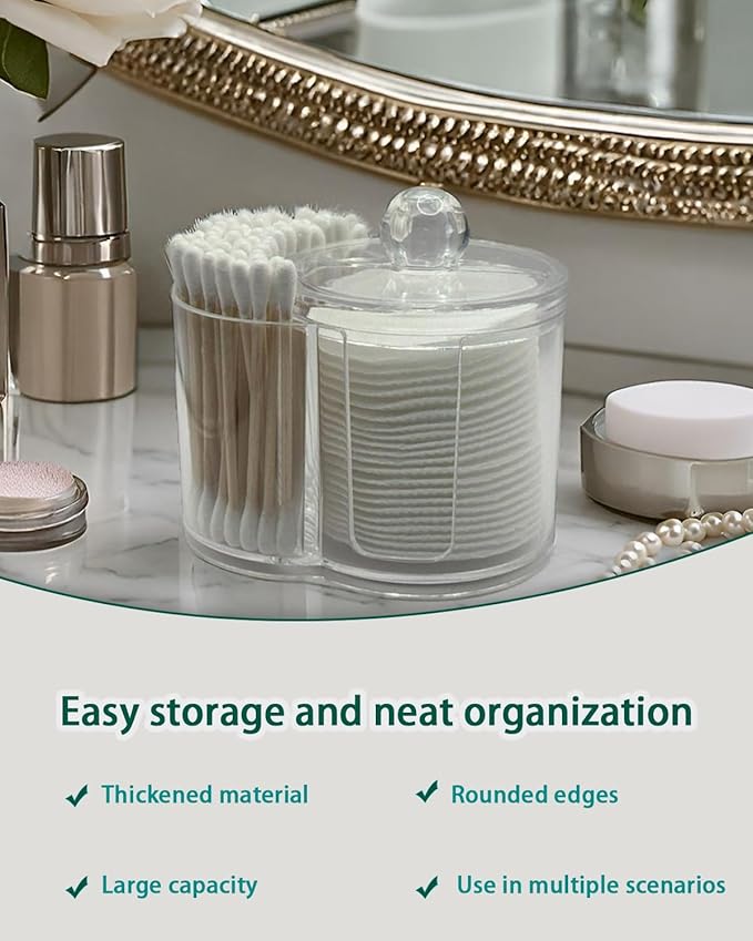 Clear Plastic 2-in-1 Cotton Swab Dispenser & Makeup Pad Holder - Shatterproof Bathroom Vanity Organizer Apothecary Jars for Cotton Rounds, Balls, Floss Picks, Hair Ties & Beauty Sponges