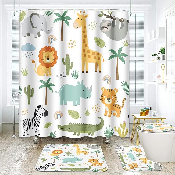 ArtSocket Cute Hippo Crocodile Bathroom Set with Shower Curtain and Rugs Accessories Lion Elephant Giraffe Shower Curtain Set Childish Colorful Bathroom Decor 4 Pcs
