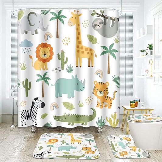 ArtSocket Cute Hippo Crocodile Bathroom Set with Shower Curtain and Rugs Accessories Lion Elephant Giraffe Shower Curtain Set Childish Colorful Bathroom Decor 4 Pcs
