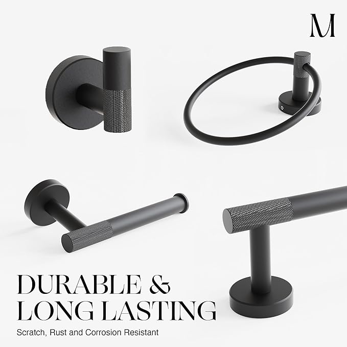 Marmolux 4-Piece Bathroom Hardware Set - Matte Black Knurled Stainless Steel SUS304 - Includes a stylish Towel Holder, a practical Toilet Paper Holder, and a very convenient Towel Hook. - Bathroom Kit