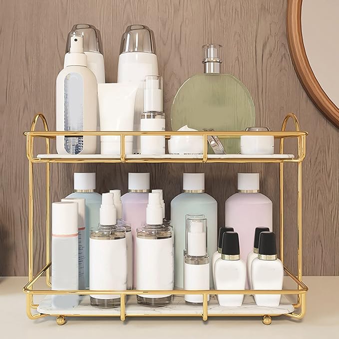 2 Tier Bathroom Storage Rack, Anti Slip Makeup Shelf in Gold White, Humanized Structure, Convenient Counter Organizer for Bathroom (L), Stylebestwxozqvbyd6-12